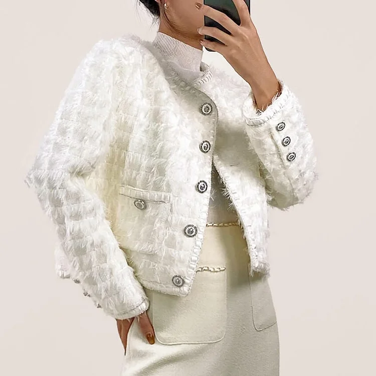 White Frayed Pocket Detail Round Neck Button-Up Tweed Jacket QueenFunky