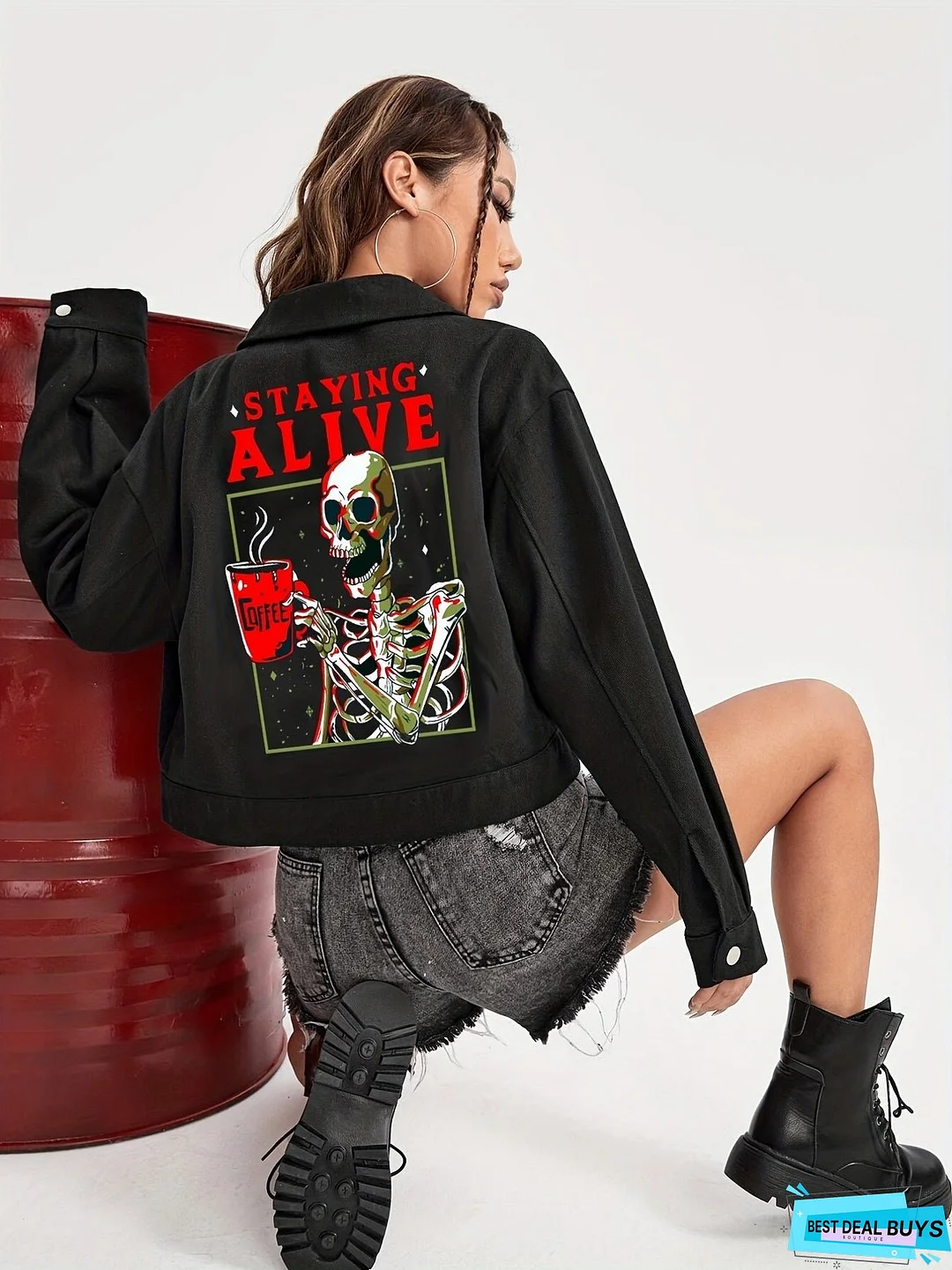 Halloween Skeleton Pattern Denim Coat, Long Sleeves Lapel Denim Jacket, Women's Denim Clothing