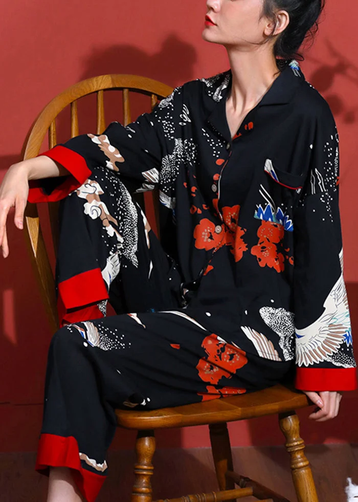 Beautiful Black Peter Pan Collar Patchwork Print Cotton Pajamas Two Piece Set Outfits Spring