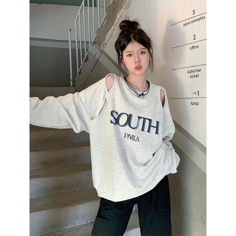 christmas outfit OLCooL Cutout Letter Print Oversized Sweatshirts olcool