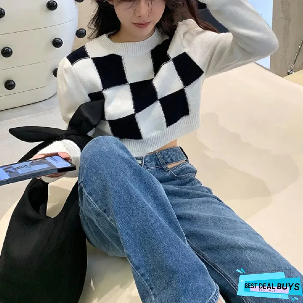 Chessboard Plaid Half High Neck Sweater