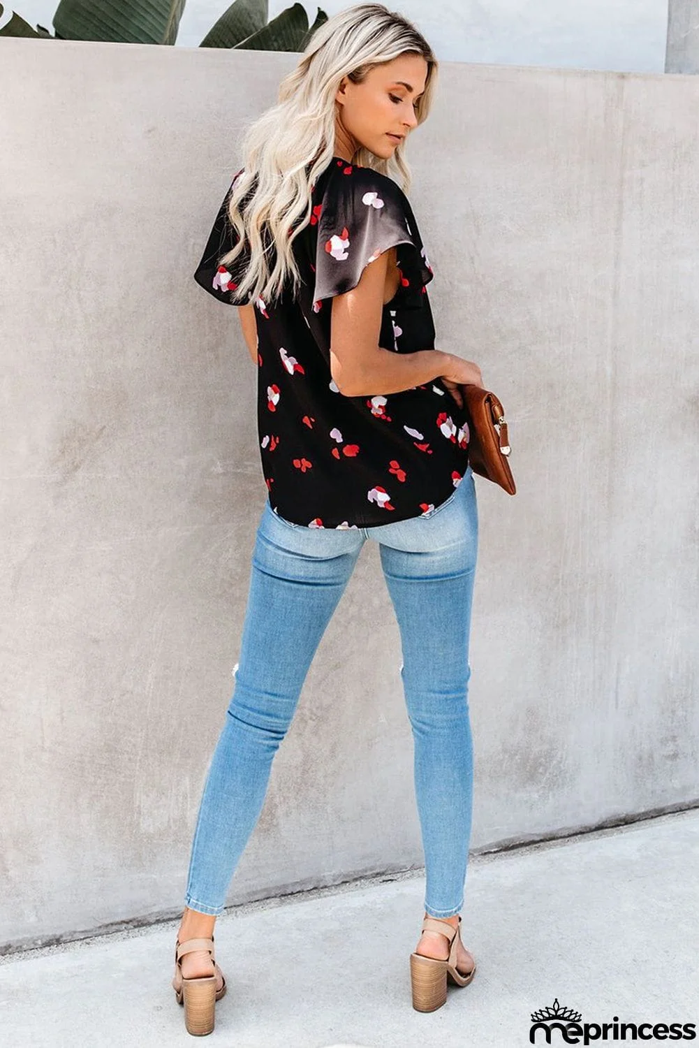 V-neck Short Sleeve Fashion Print Fantasy Fluttering Blouse