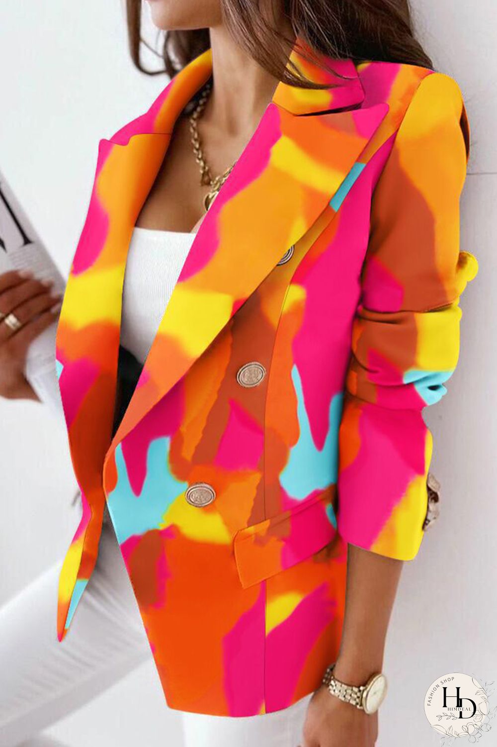 Black Yellow Fashion Casual Print Patchwork Slit Turn-back Collar Outerwear