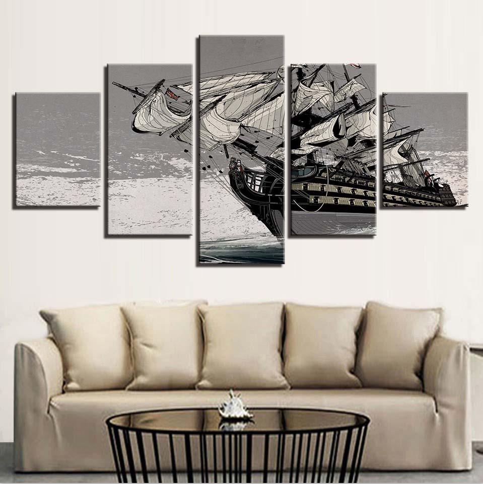 Canvas Prints Painting Home Decor Sailing Boat Poster 5 Piece Retro Black White Sailboat Pictures Living Room Wall Art(No Frame)