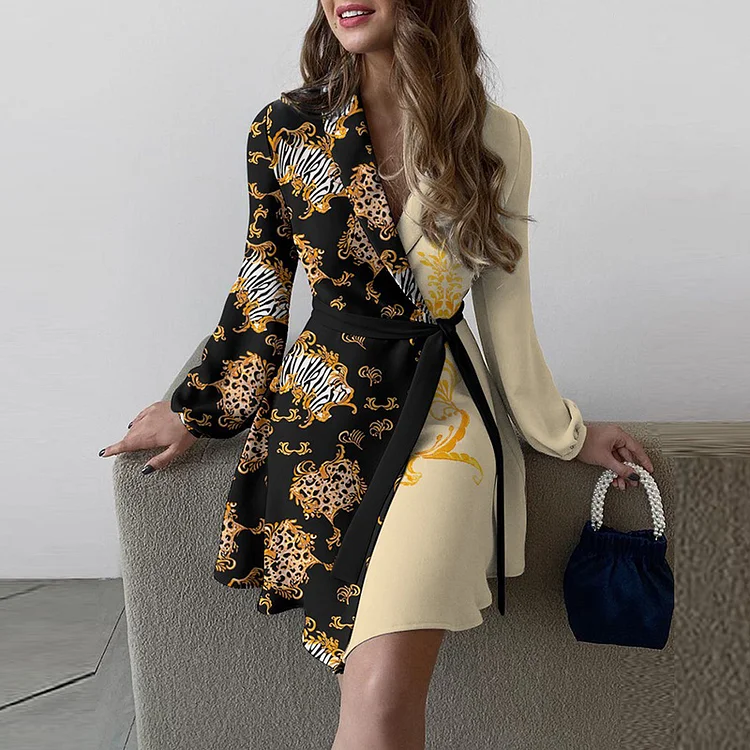 Fashion Button Party Elegant Lapel Office Suit Long Sleeve Mini Dress