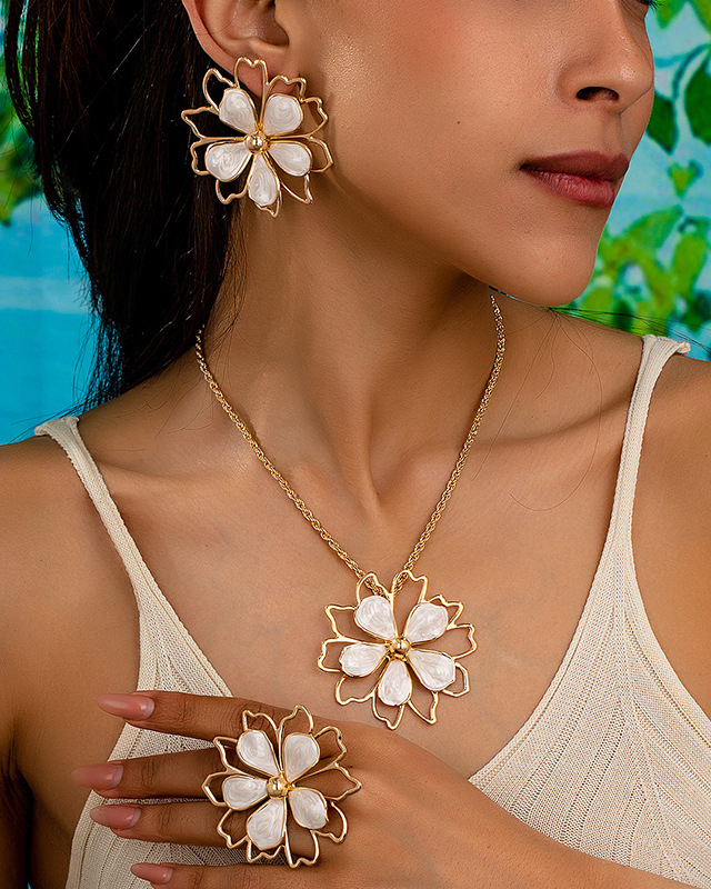 Pearlescent Floral Earrings, Necklace & Ring Set