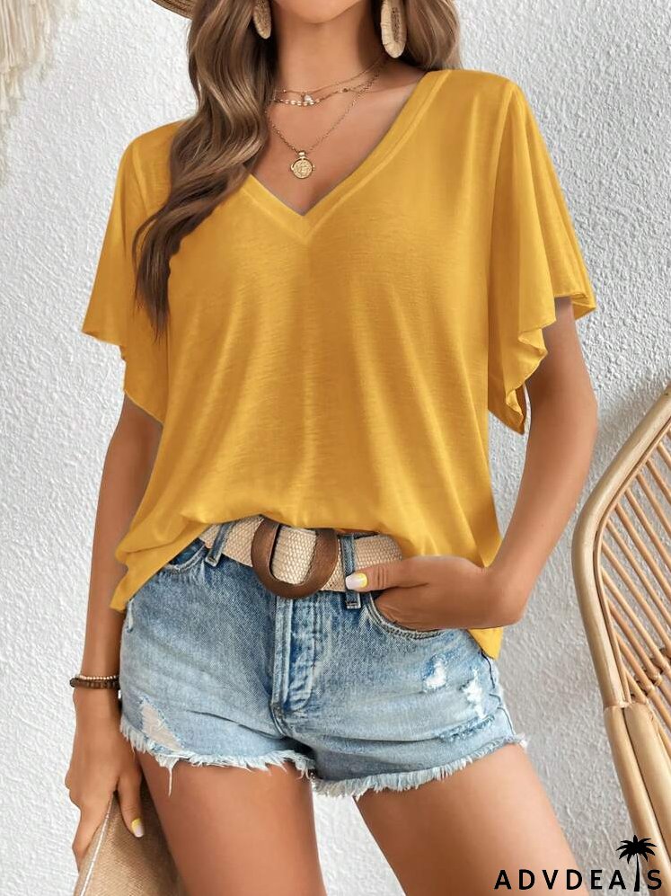 Solid V Neck Butterfly Sleeve Tee