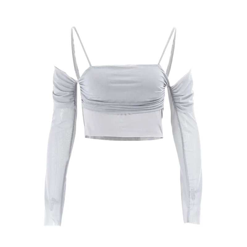 Uveng Uveng Spring 2023 Women's Fashion Sexy One-Line Collar Sling Perspective Mesh Long Sleeve Top