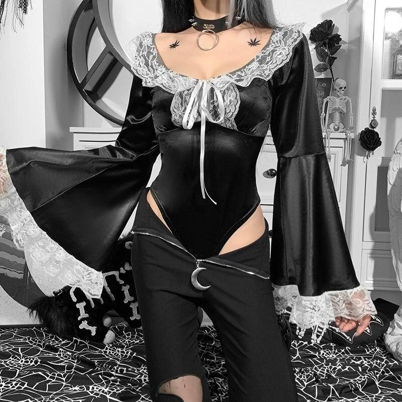 Gothic Harajuku Witching Hour Flare Sleeve Bodysuit SP16522