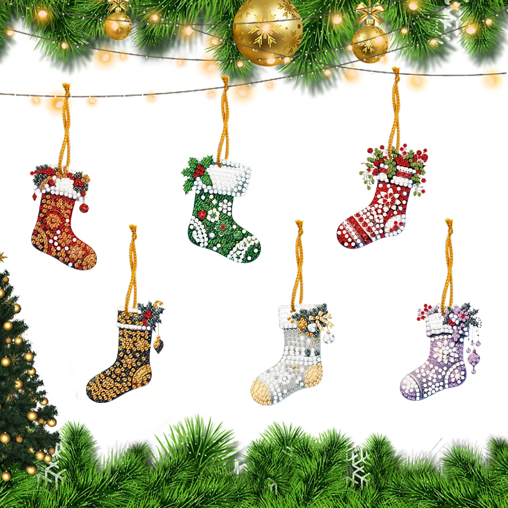 6pcs Xmas Stockings 2D Flat DIY Diamond Art Pendant Wall Door Decoration