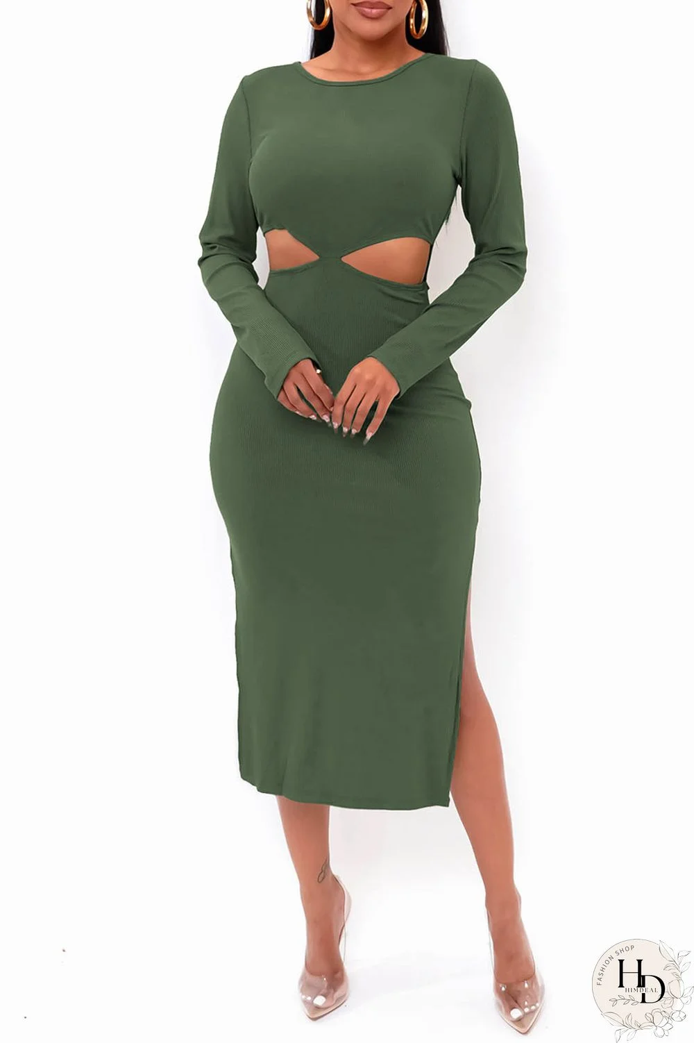 Green Sexy Solid Bandage Hollowed Out Split Joint Backless O Neck Straight Dresses