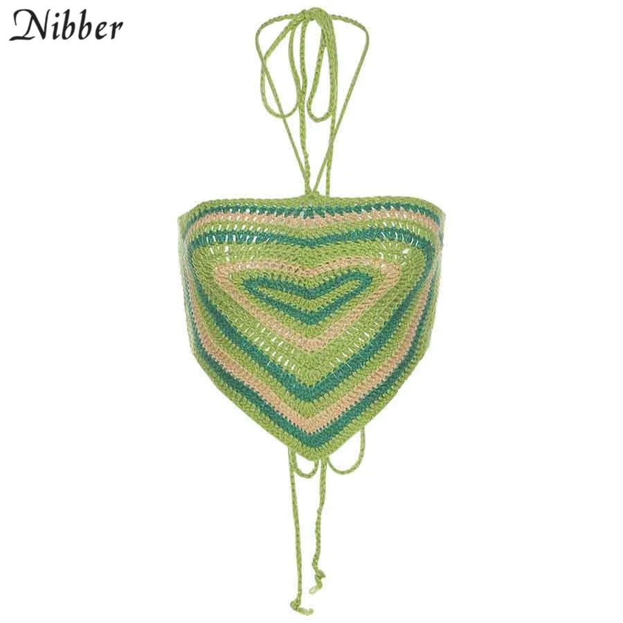 Nibber Sweet Cute Sexy Patchwork Crop Top For Women Halter Summer Slim Bandage Camisole Stretch Club Streetwear Female 2021 New