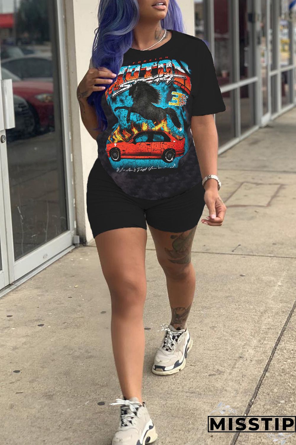 Black Purple Casual Print Basic O Neck Short Sleeve Two Pieces