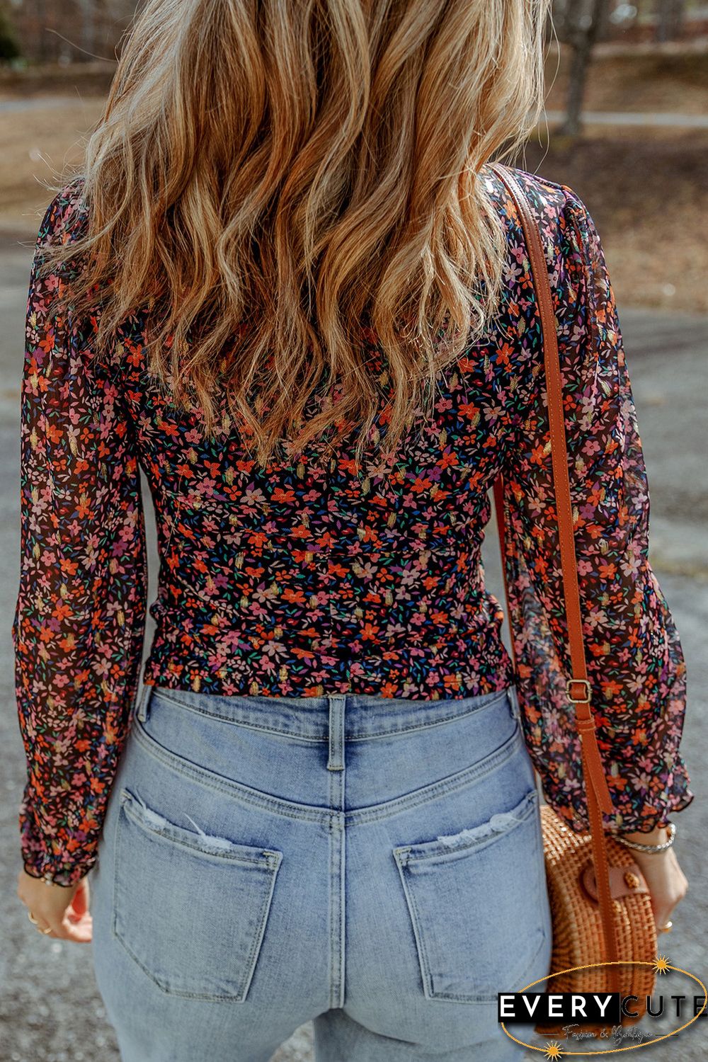 Black V Neck Bubble Sleeve Floral Blouse