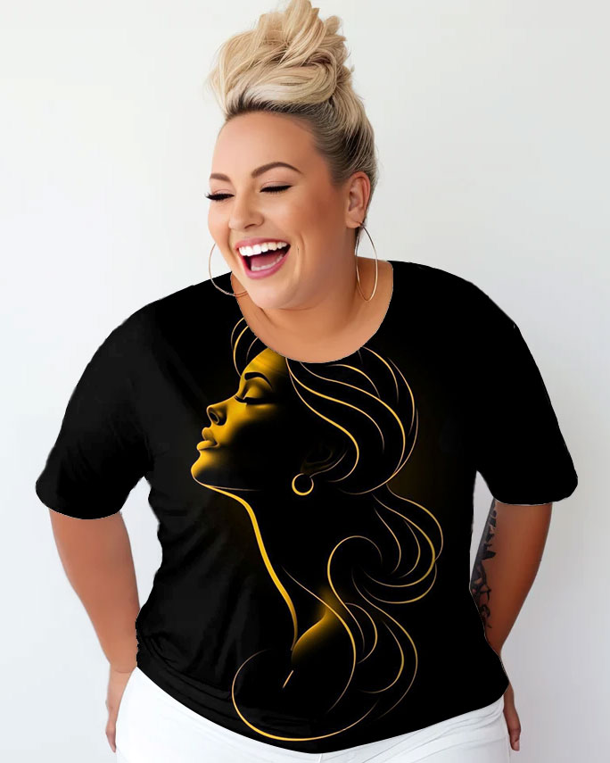 Women's Plus Size Gold Line Women Art Round Neck Short Sleeve T-Shirt