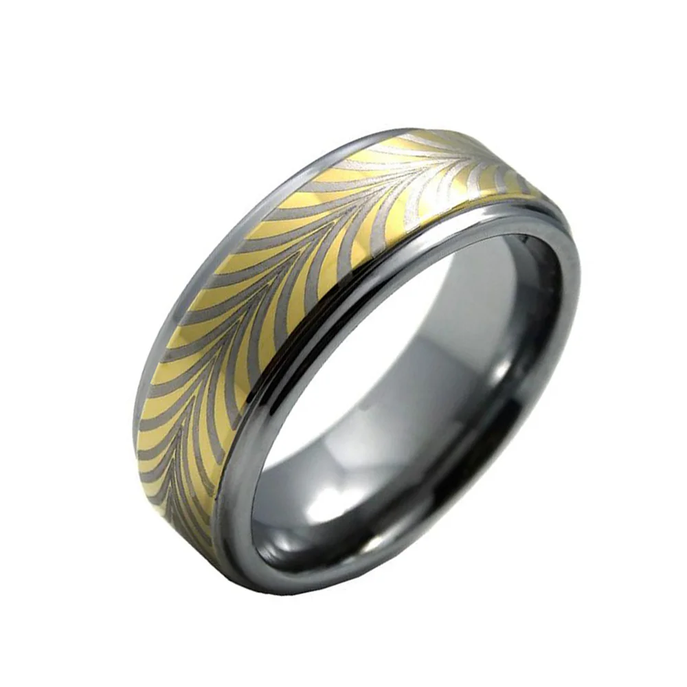 6MM 8MM Men Gold Plated Surface Tungsten Carbide Rings Retro Laser Pattern Wedding