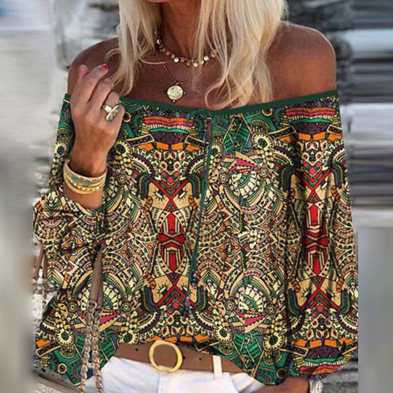 Elegant Floral Print Flare Sleeve  Lace-up Tassel Blouses&Shirts