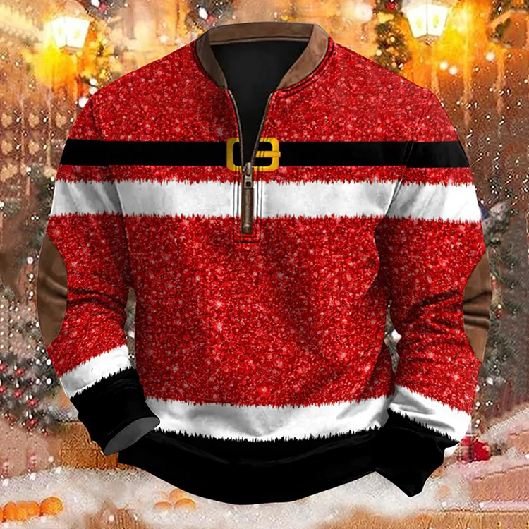 Men's Shiny Santa Belt Print Christmas Gift Casual Zip Sweatshirt