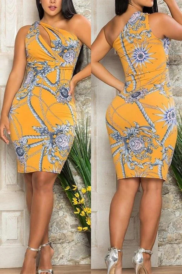 Sexy Fashion Printing Oblique Shoulder Dress