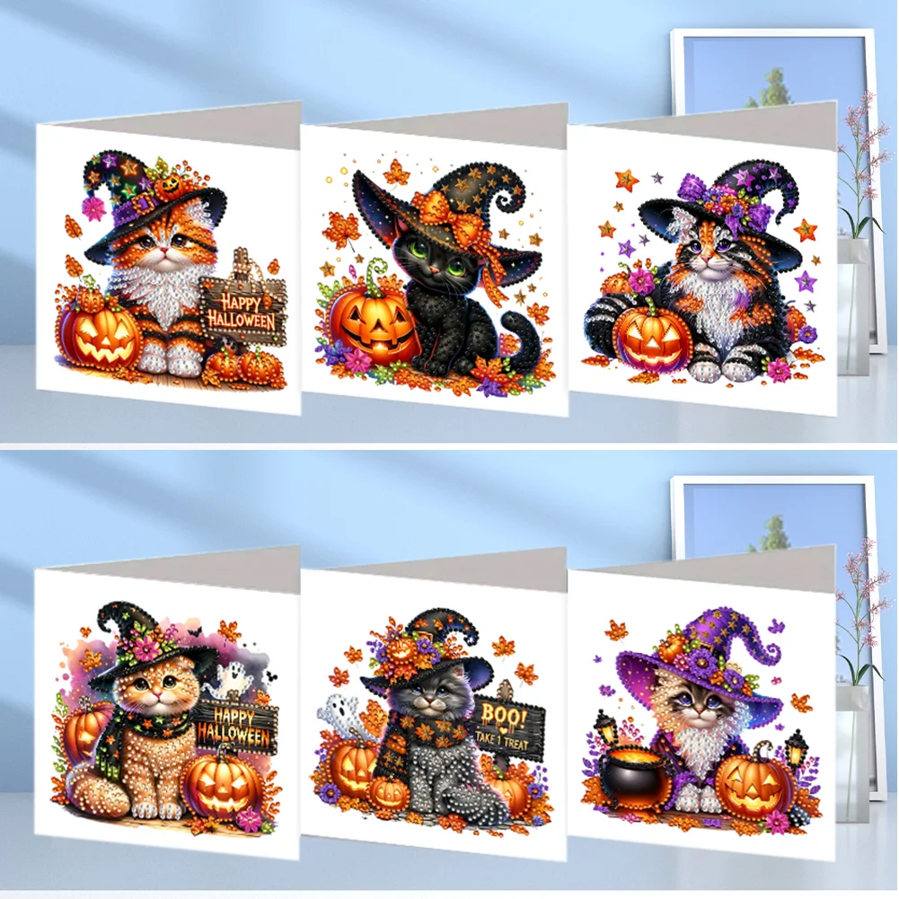 6PCS DIY Halloween Cat Diamond Art Greeting Cards for Halloween and Holidays