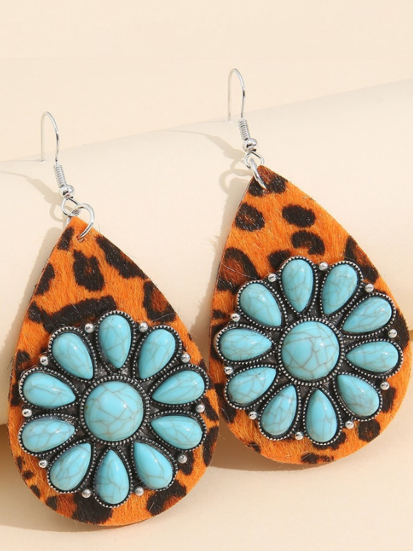 Big Water Drop Leopard Leather Earrings Tribal Teardrop Turquoise Earrings for Women Cowgirl