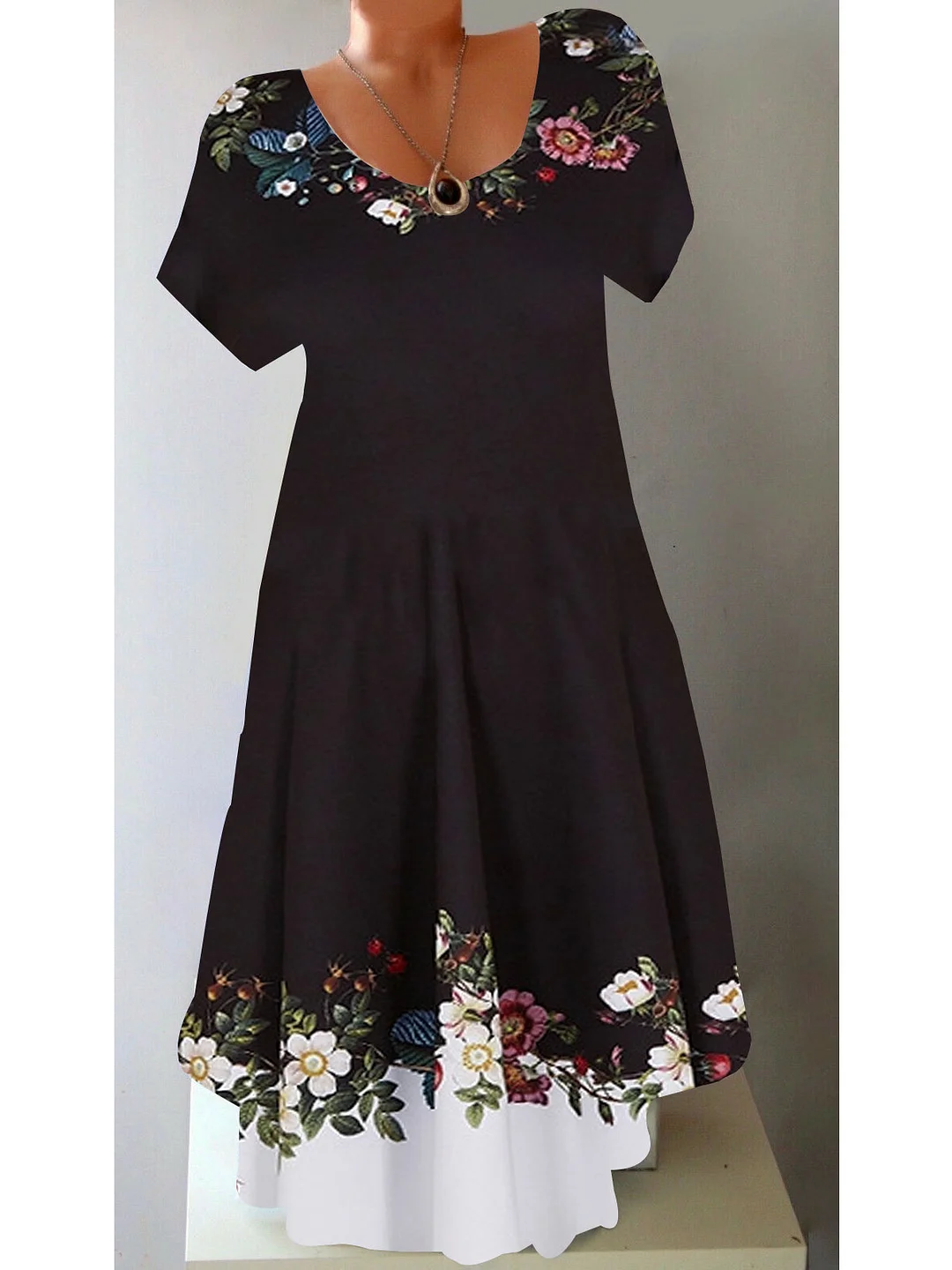 Women plus size clothing Women Fashion Round Neck Short Sleeve Floral Printed Stitching Midi Dress-Nordswear