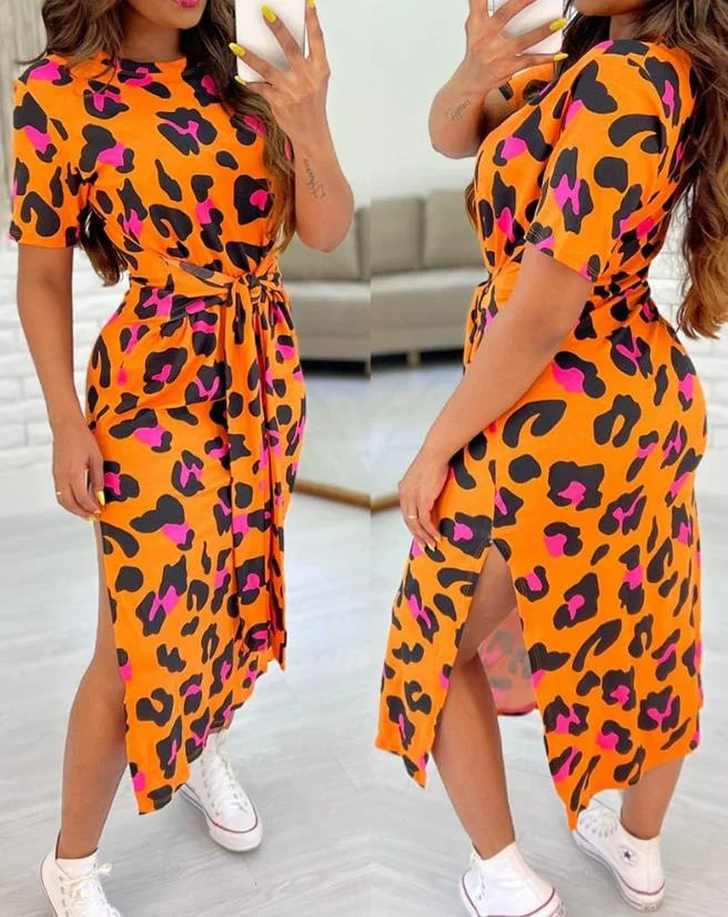 Wongn Wongn Round Neck Short Sleeve Slit A-Line Dress Tie Print Women's Dress