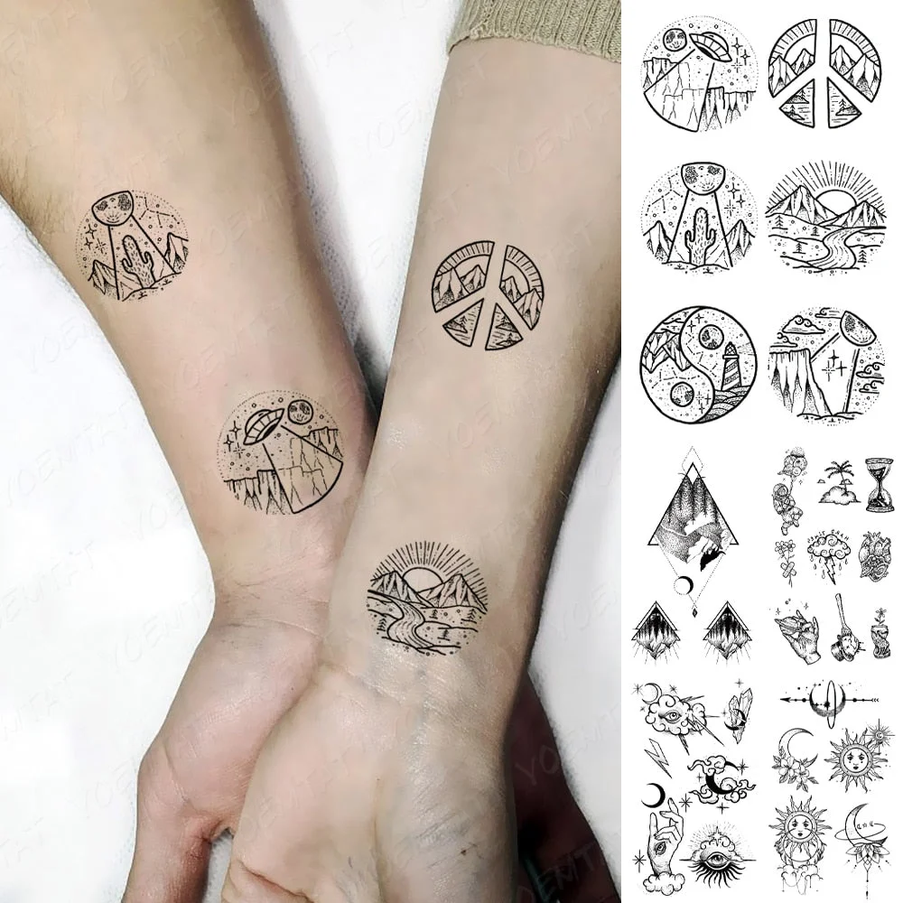 Waterproof Temporary Tattoo Sticker Alien Space Universe Flash Tatoo Cute Mountain Hand Wrist Fake Tatto For Body Art Women Men