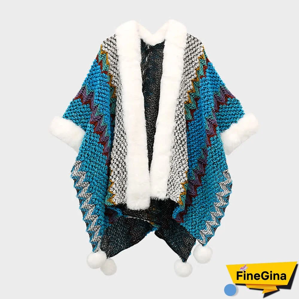 Boho Vintage Colorblock Fur Ball Knit Shawl Wrap