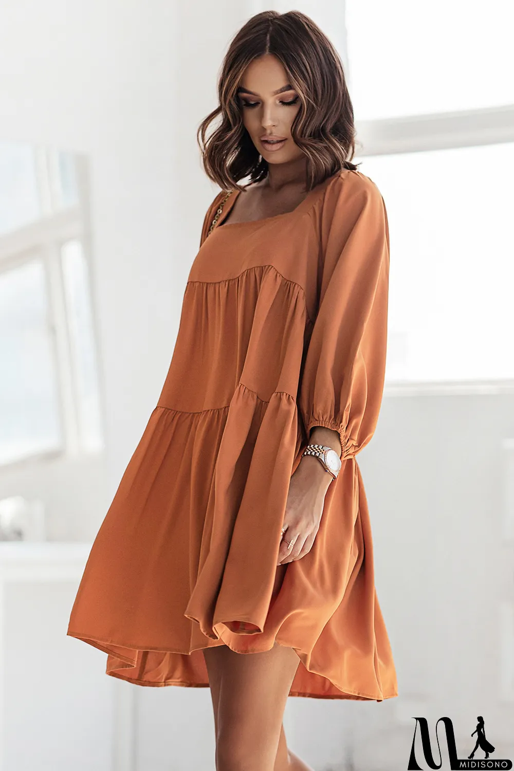 MidiSono - Brown Square Neck Half Sleeve High Low Mini Dress