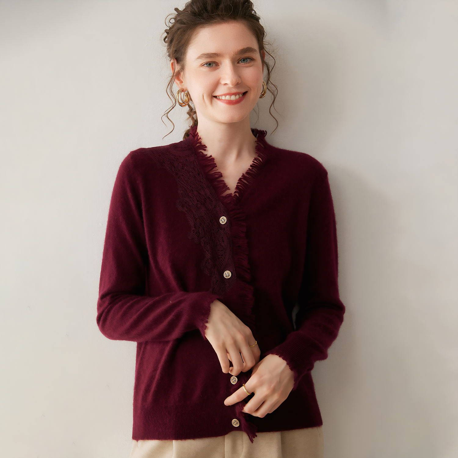 Women's Raw Edge V-Neck Knit Cashmere Cardigan REAL SILK LIFE