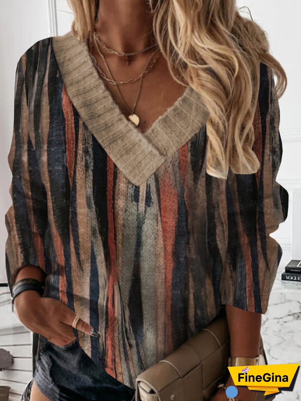 Casual Geometric Long Sleeve V Neck Printed Tops