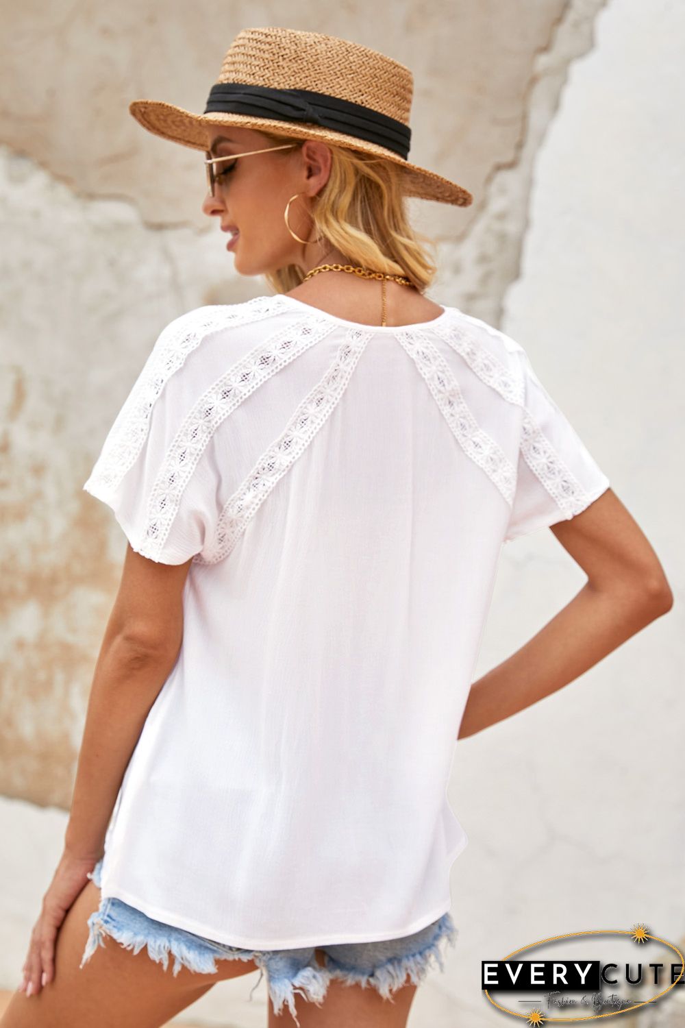 White Crochet Eyelet Short Sleeves Top