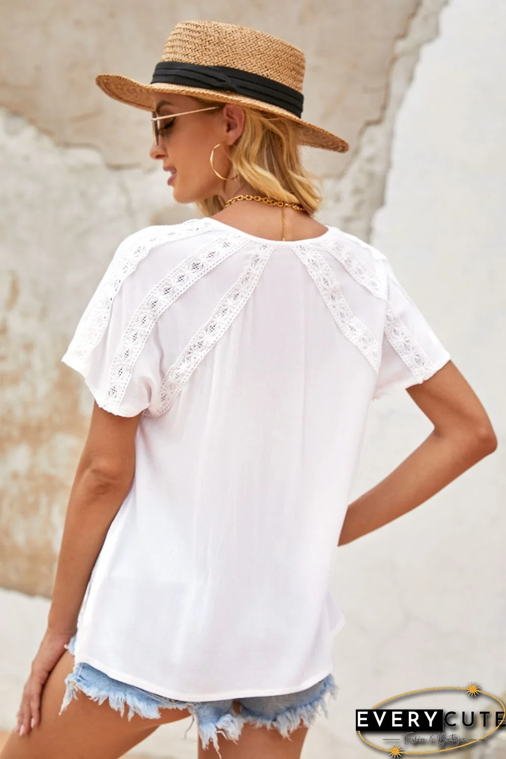 White Crochet Eyelet Short Sleeves Top