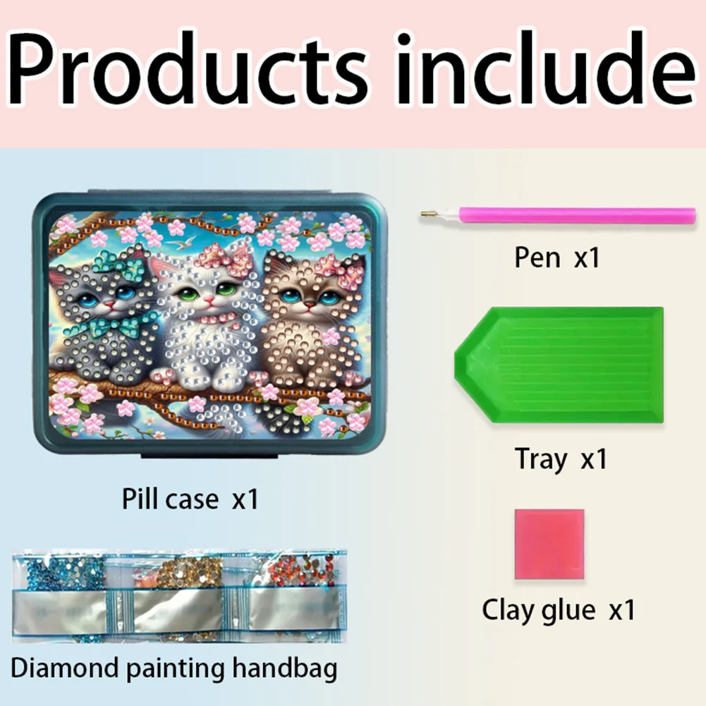 Cat Rhinestones Pill Storage Box Diamond Painting Pill Case for Art Craft
