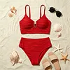 Ruched High-Waisted Bikini Set with Gold Paperclip Detail, 100% Swimwear for Beach Vacation by Inlyline
