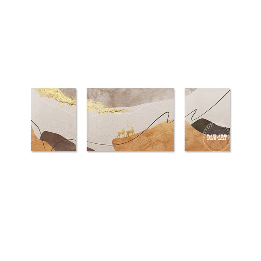 Gold Foil Design Animal Painting Simple Mountain Abstract Modern Wall Art Canvas Picture Simple 3pcs 1 Set Unframed Artwork