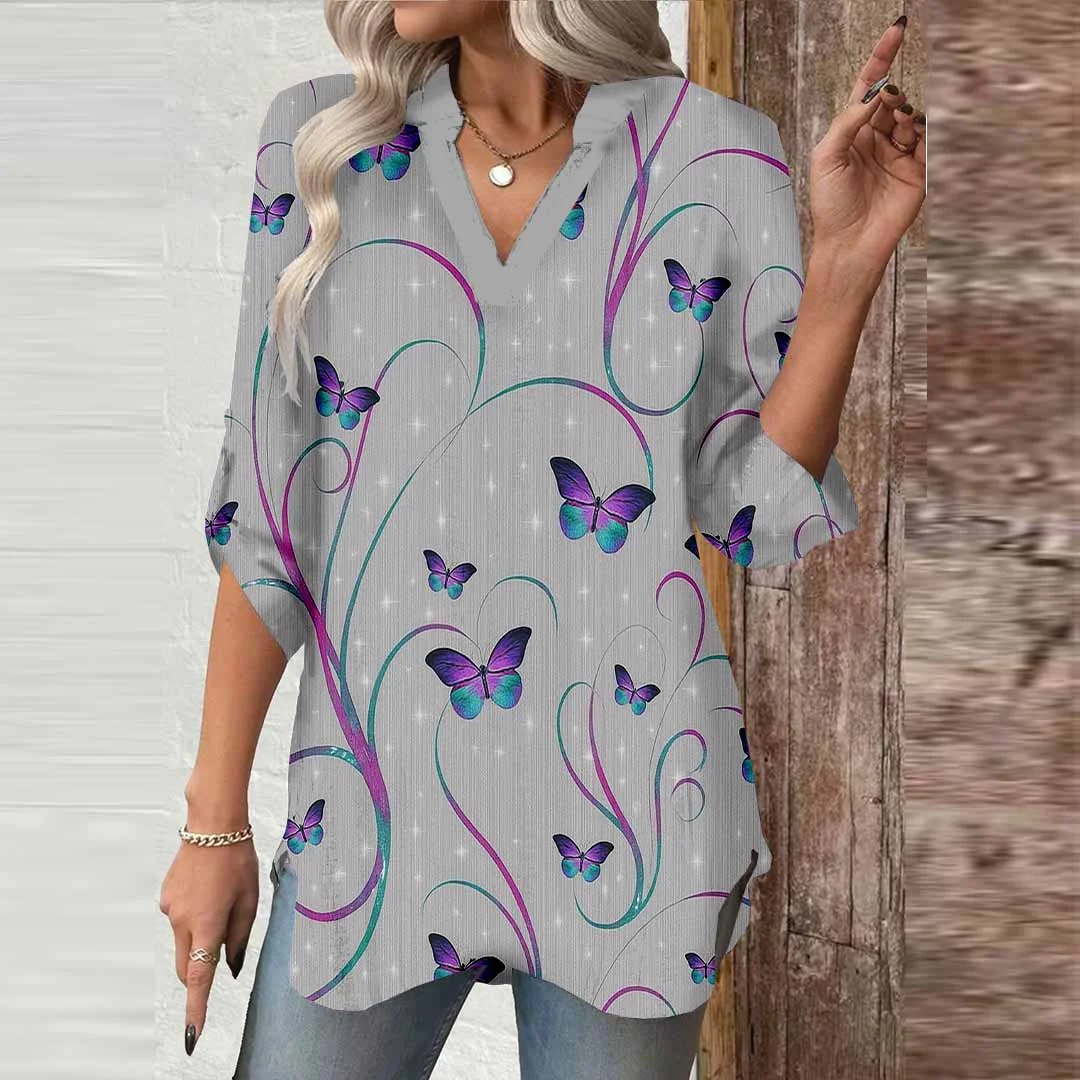 Women Butterfly,Grey,Purple DZGA0672 3/4 Sleeve V-neck Printed Graphic Button Tops