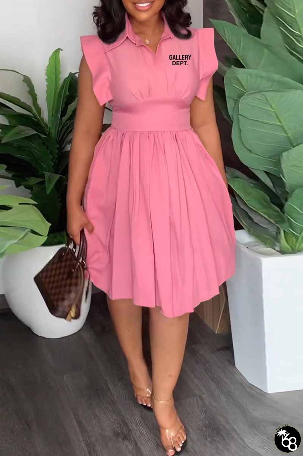 Pink Casual Print Letter Turndown Collar Waist Skirt Dresses | 168DEAL