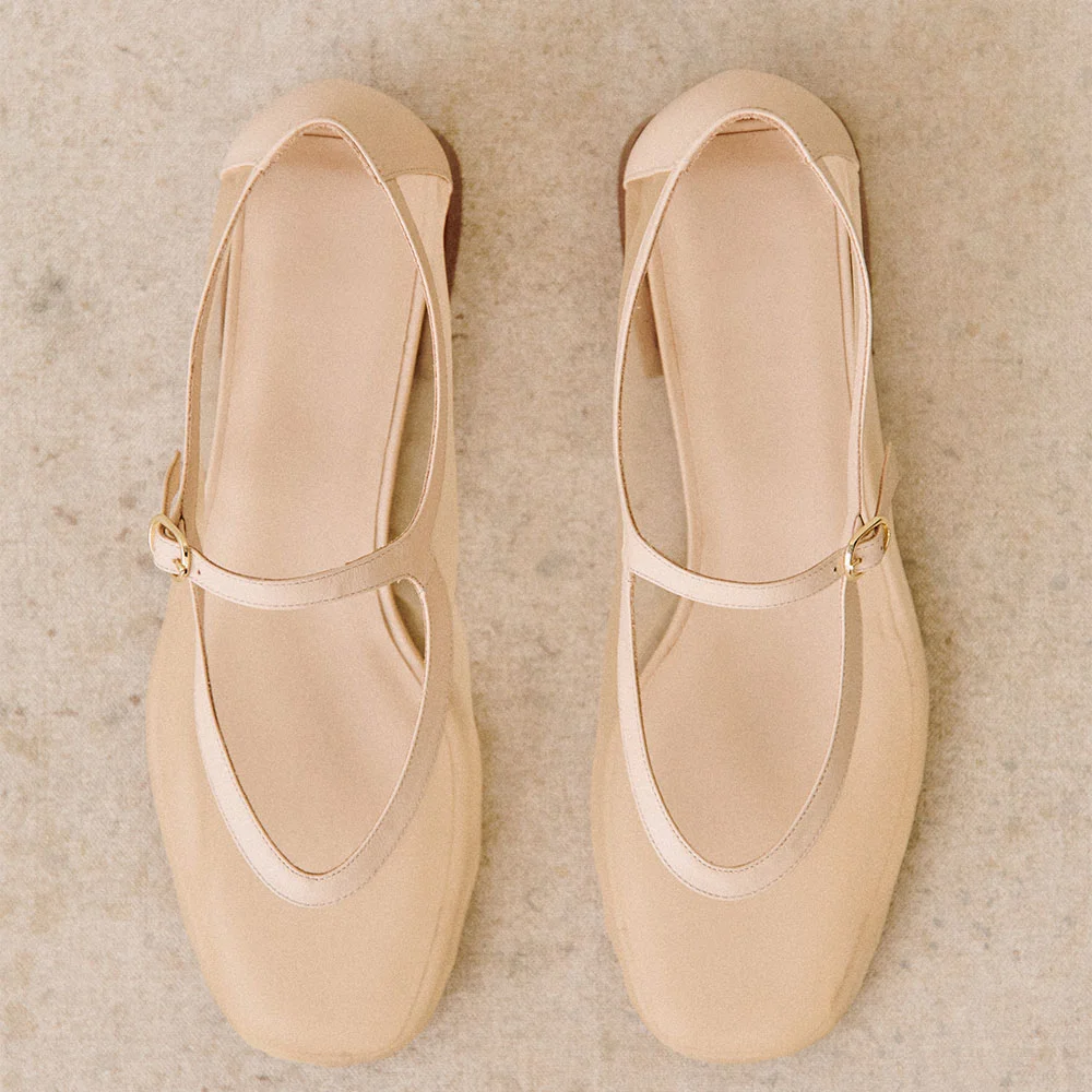 YDN Beige Closed Square Toe Single Buckle Strap Mary Jane Shoes