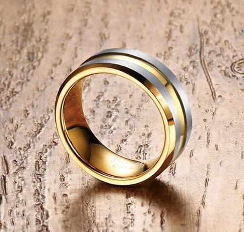 6MM 8MM Women's Or Men's Tungsten Carbide Wedding Matching Rings Matte Finish Gray / Silver Top with Yellow Gold Groove and Inside Beveled Edge