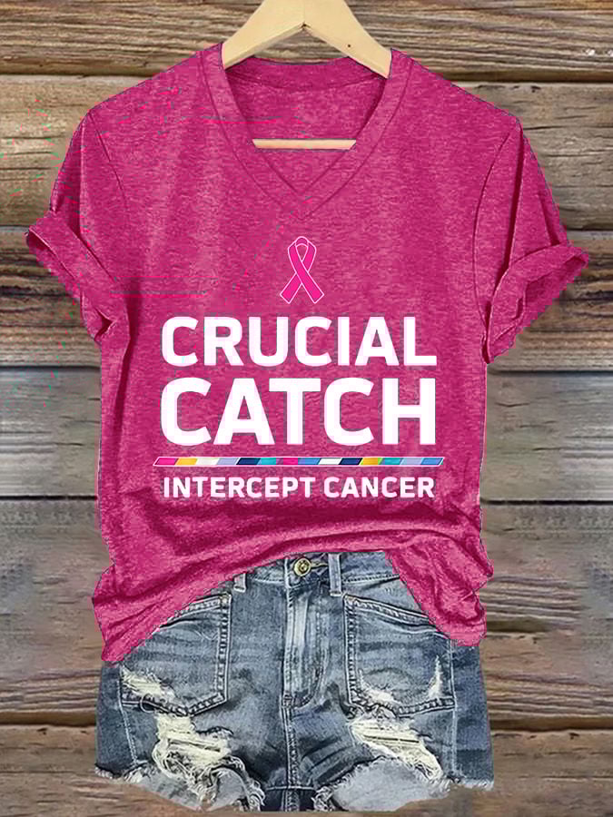 V-neck Retro Breast Cancer Awareness Crucial Catch Intercept Cancer Print T-Shirt