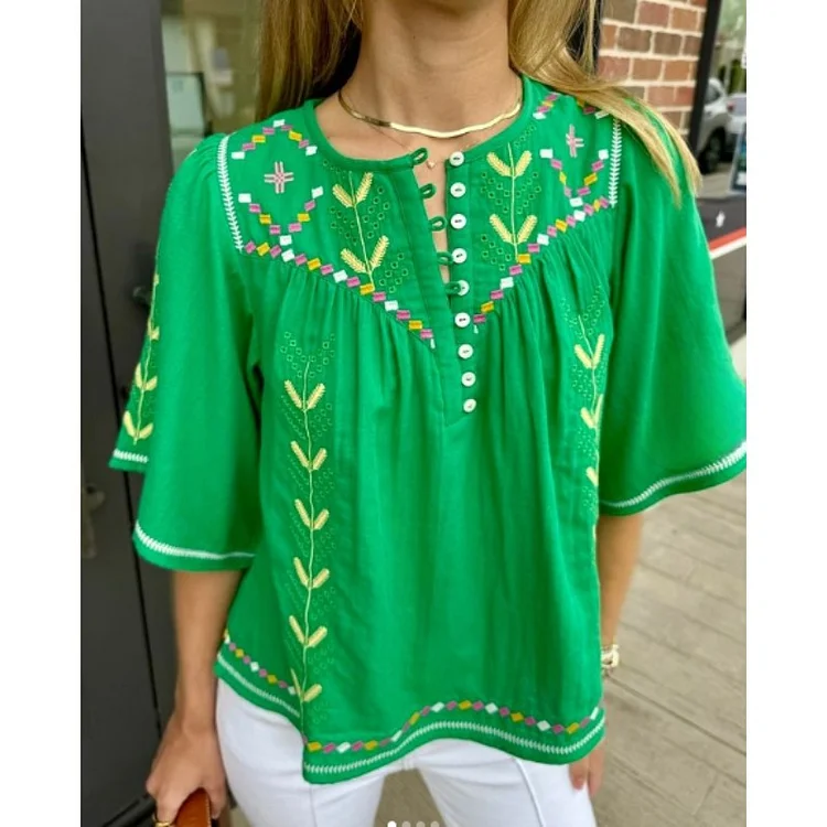 Xxkkx Bohemian Green Round Neck Button Down Embroidery Loose Short Sleeve Shirt Tops / Dress for Women Summer New