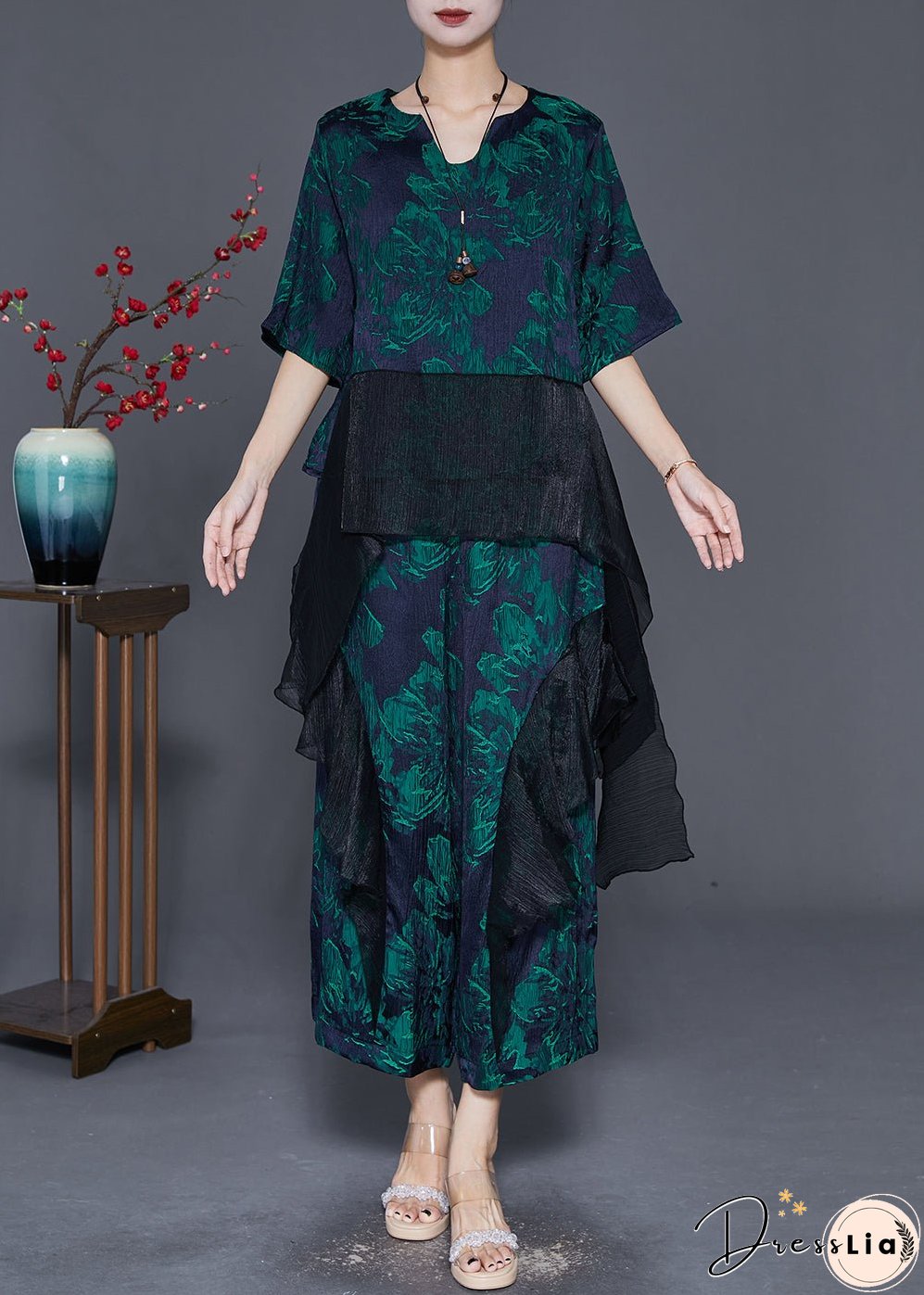 Stylish Green Oversized Patchwork Print Silk Two-Piece Set Fall