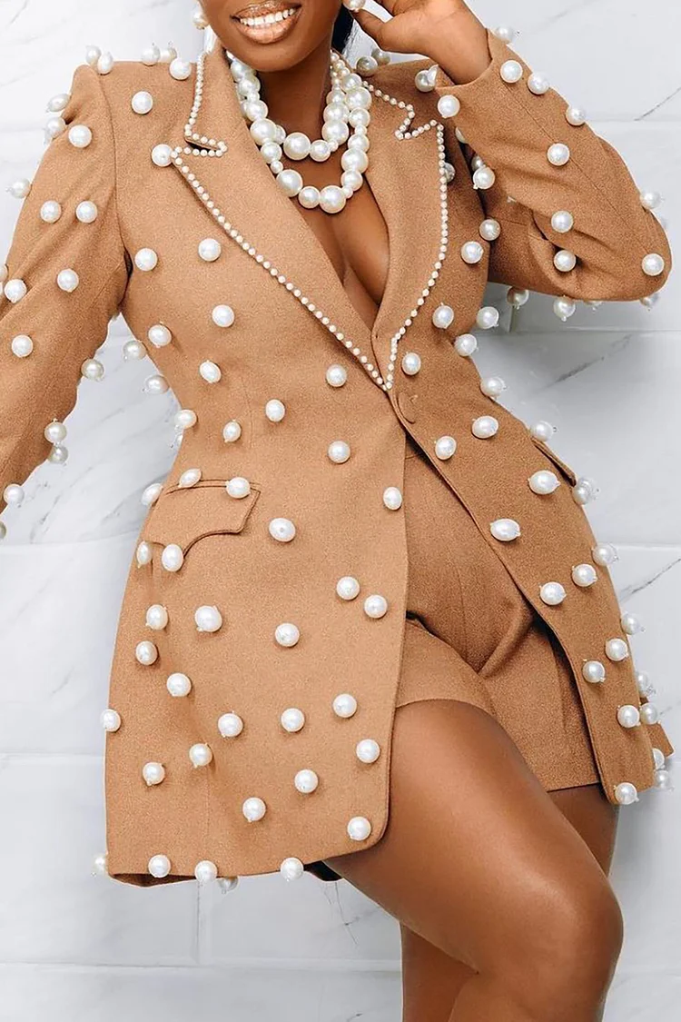 Plus Size Party Short Sets Elegant Khaki   Turndown Collar Long Sleeve Pearls Blazer Short Sets