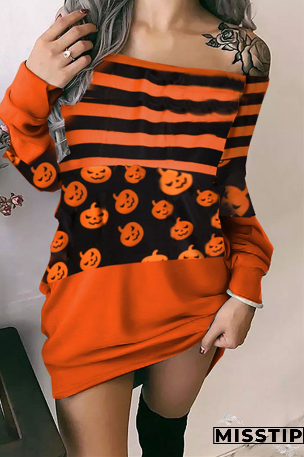 Orange Casual Print Patchwork Off the Shoulder Long Sleeve Dresses