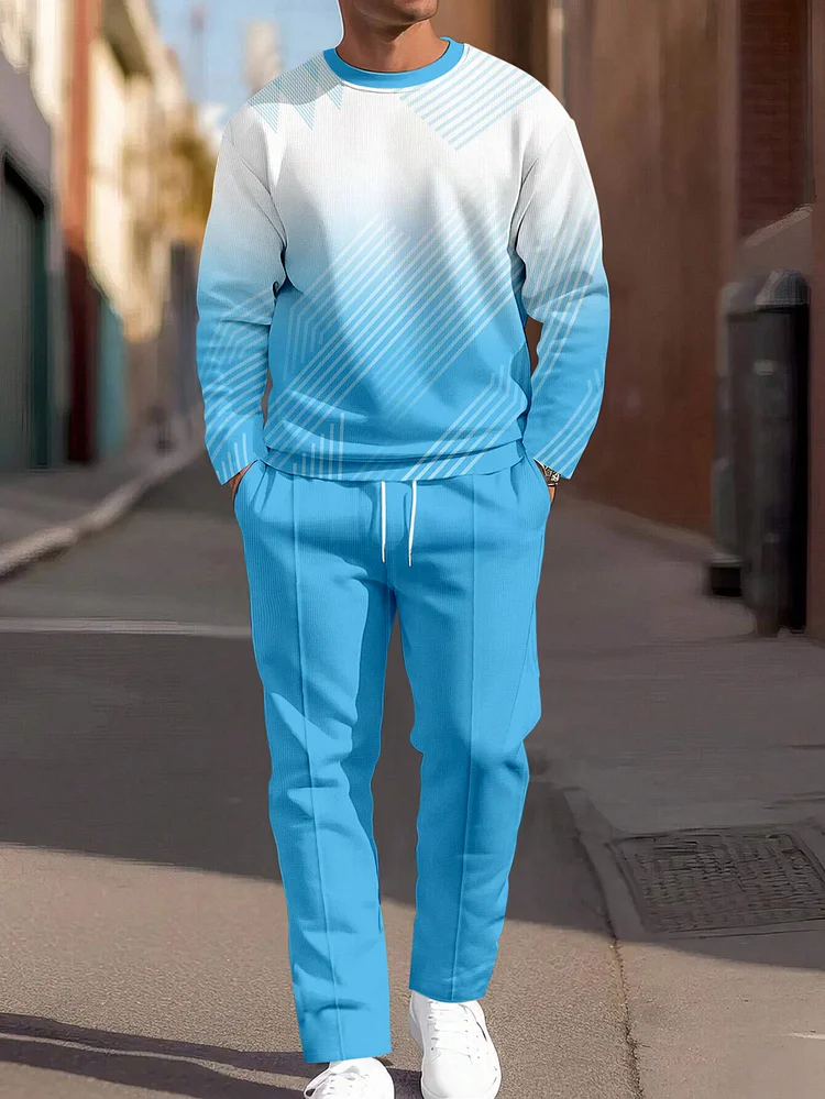 Men's Simple Colorblock Round Neck Casual Sports Set 077
