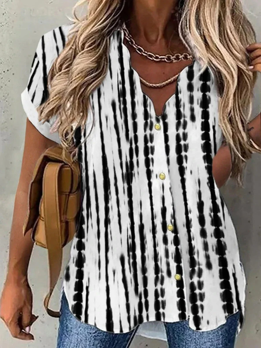 Women Short Sleeve Shirt Collar Striped Floral Printed Graphic Button Top Shirts