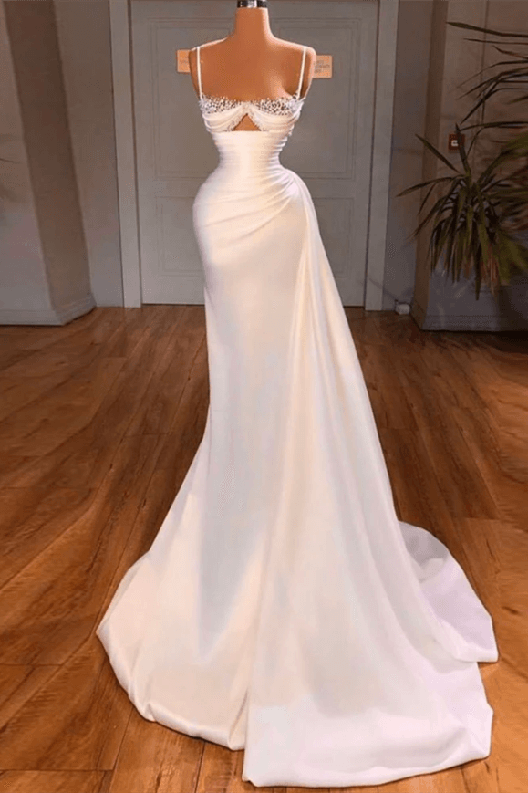 Bellasprom White Spaghetti-Straps Sleeveless Mermaid Prom Dress With Beads Bellasprom