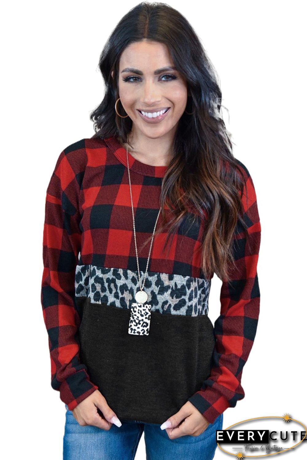 Red Plaid Leopard Print Splicing Sweatshirt